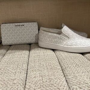 Michael Kors White Logo Slip-Ons and Wristlet